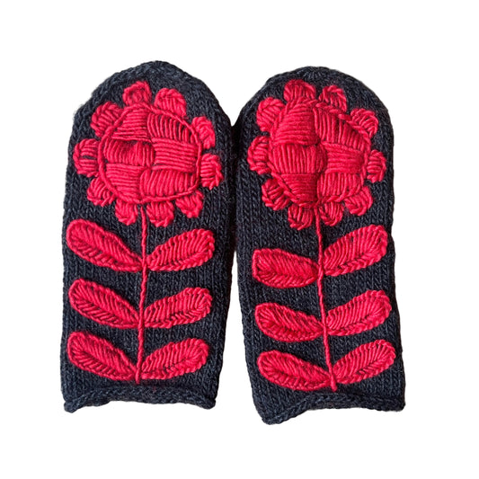Mittens, Flower, Charcoal/Red