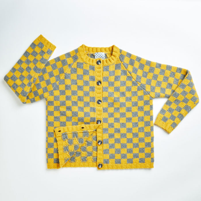 Cardigan, Checkerboard, Yellow/Grey